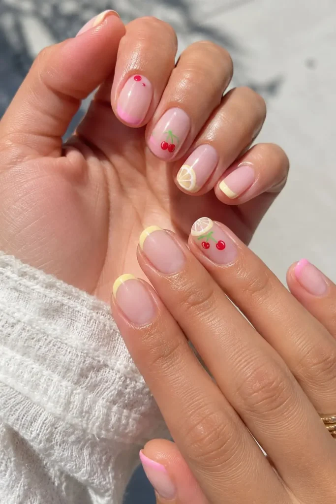 Bubble Bath fruit accent nails with cherries, lemons, and French tips