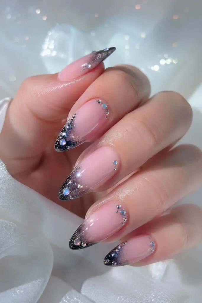 Bubble Bath galaxy nails with glitter clusters and crystal accents