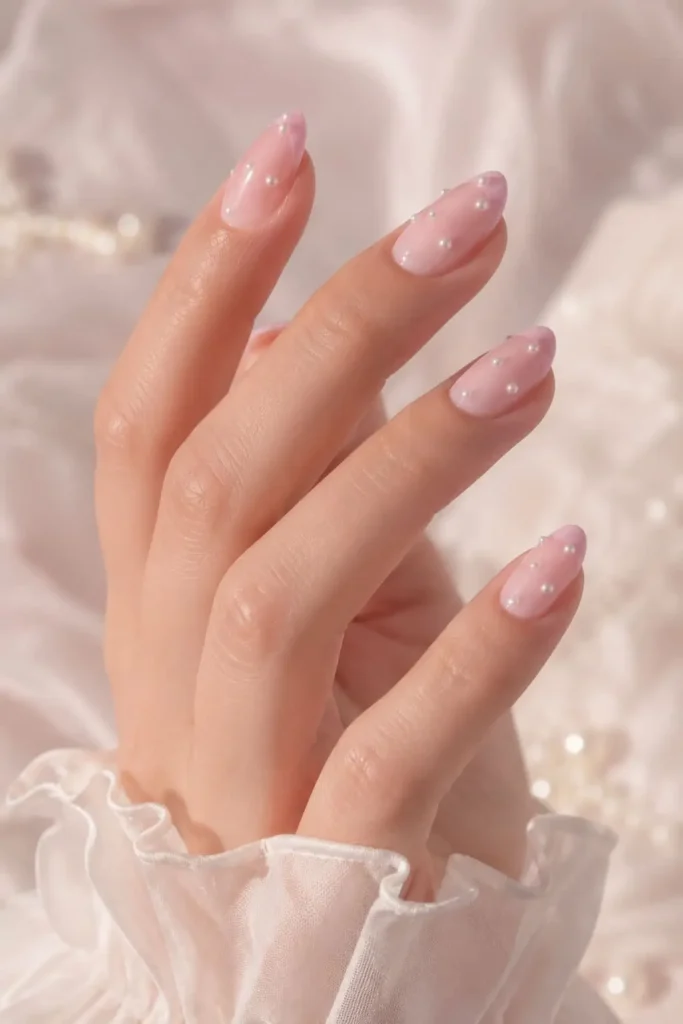 Bubble Bath pearl nails with delicate pearl embellishments near the cuticle