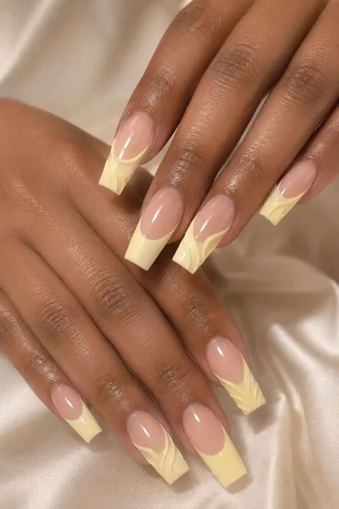Butter yellow coffin nails with sculpted builder gel texture