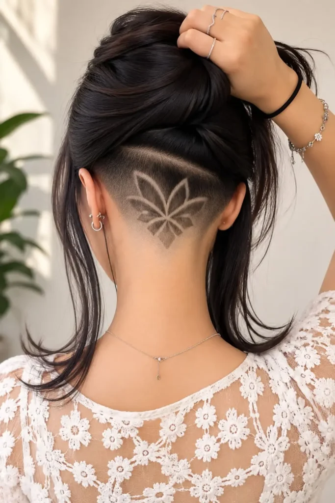 Butterfly undercut design hidden beneath long womens hair