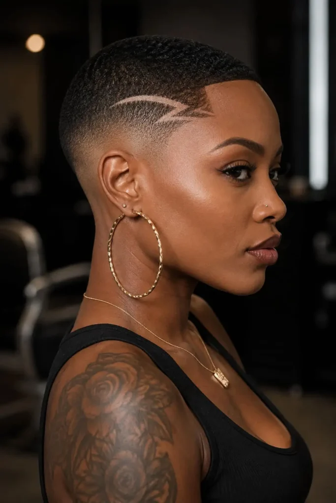 Buzz cut with fade for Black women with a clean sculpted hairline