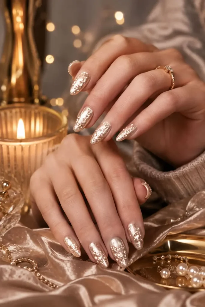 Champagne velvet magnetic cat-eye birthday nails with chrome French tips