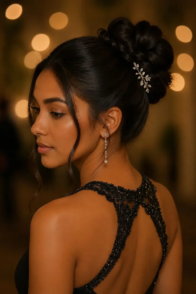 Chic bun prom hairstyle with jeweled hair accessories