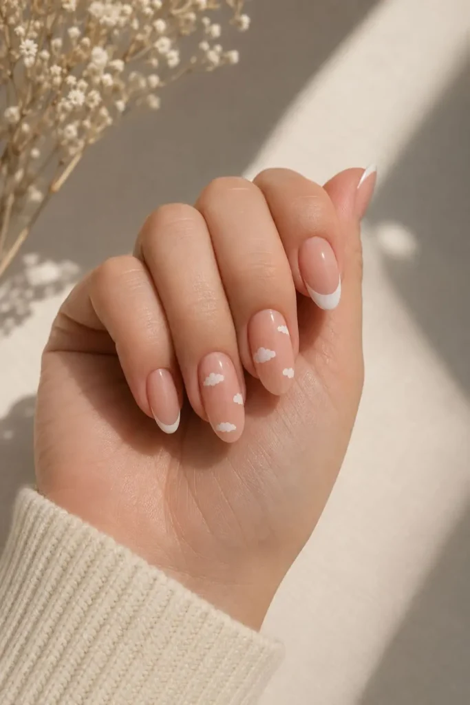 Chic cloud nude nails with soft white clouds on a glossy neutral base