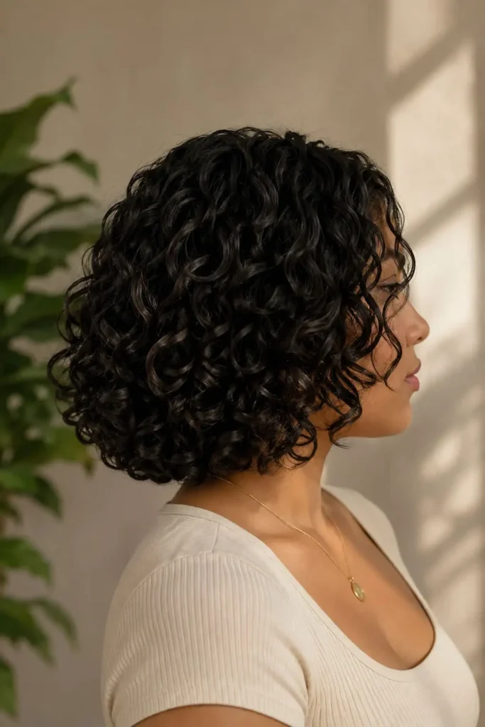 Chin-length curly bob with face-framing layers for women