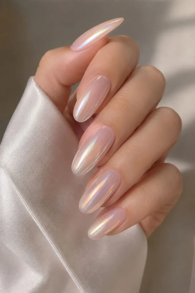 Chrome Bubble Bath nail with milky pink base and champagne glazed finish