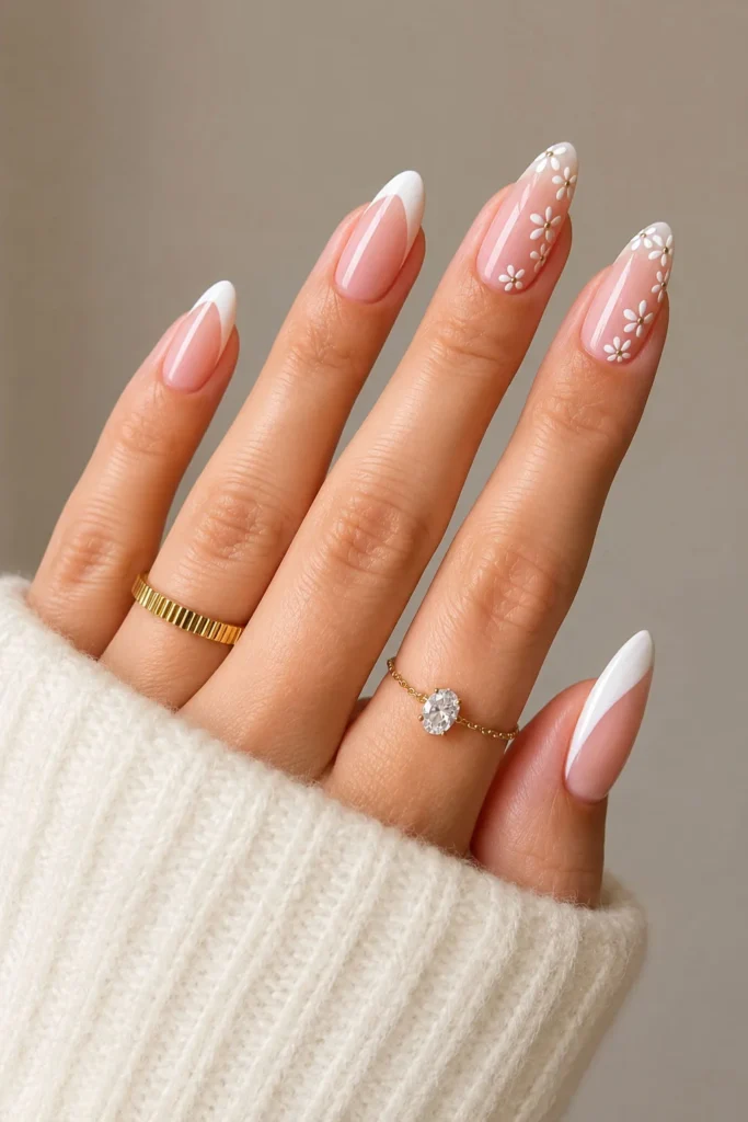 Classic French tip graduation nails with delicate white daisy nail art