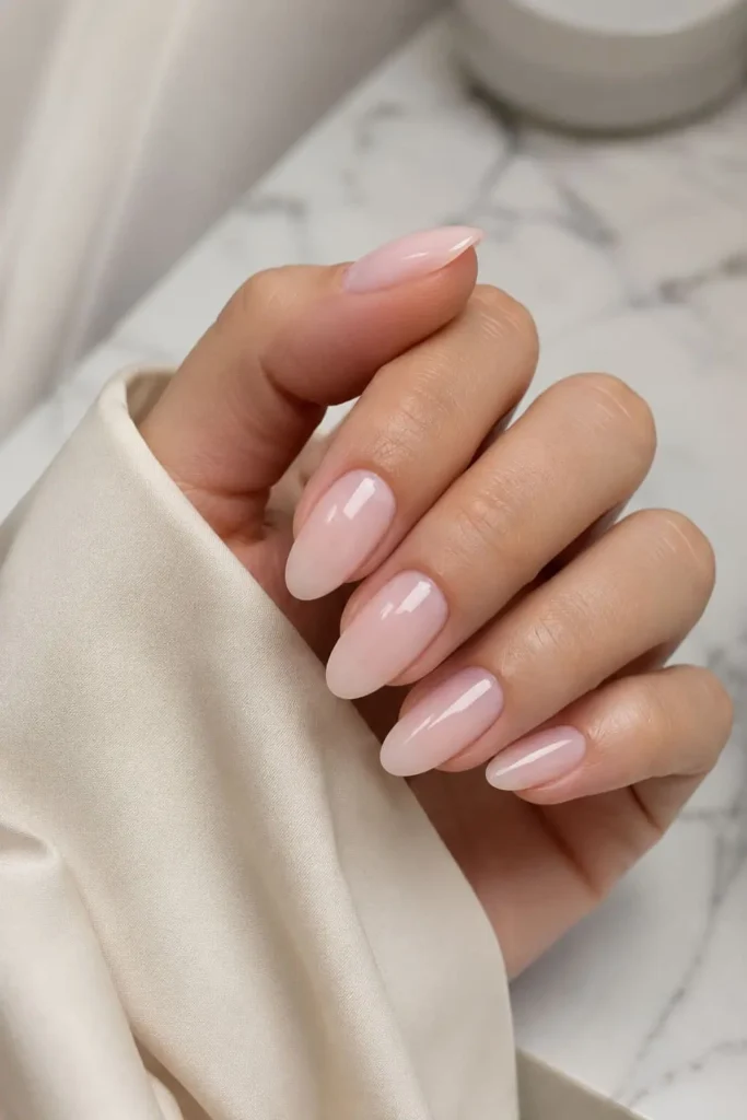 Classic clean Bubble Bath nails with sheer pink polish and glossy finish