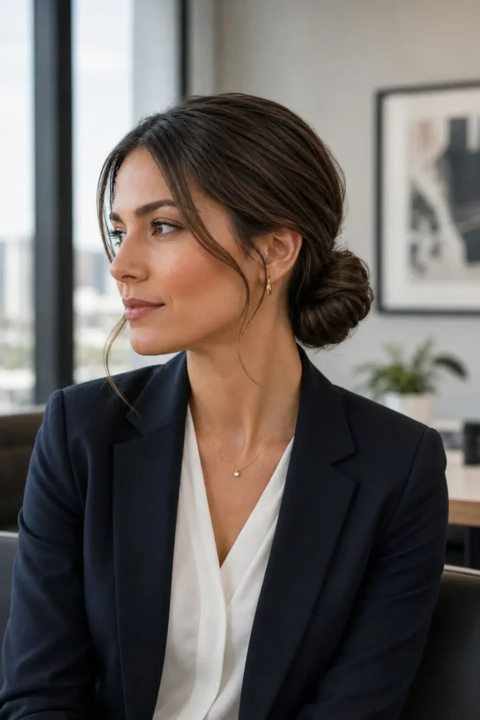 Classic low bun hairstyle for medium hair at work