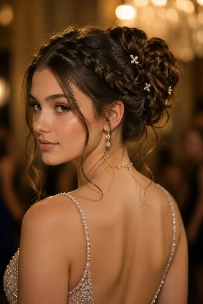 Classic updo prom hairstyle with pearl pins and soft face-framing pieces