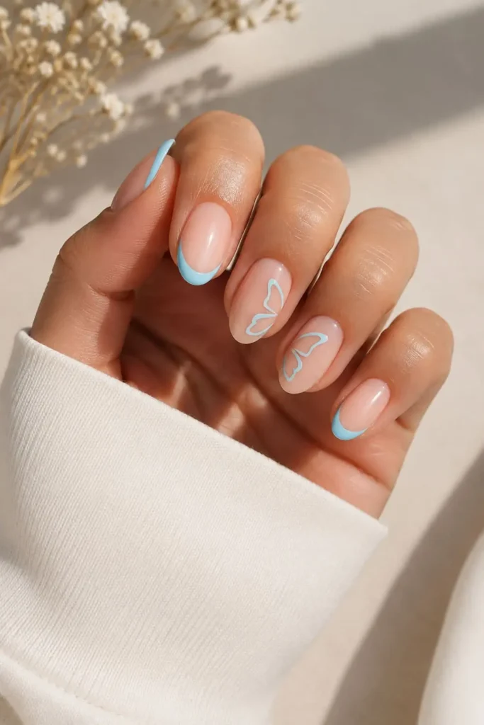 Classy butterfly nude nails with delicate Y2K-inspired butterfly nail art