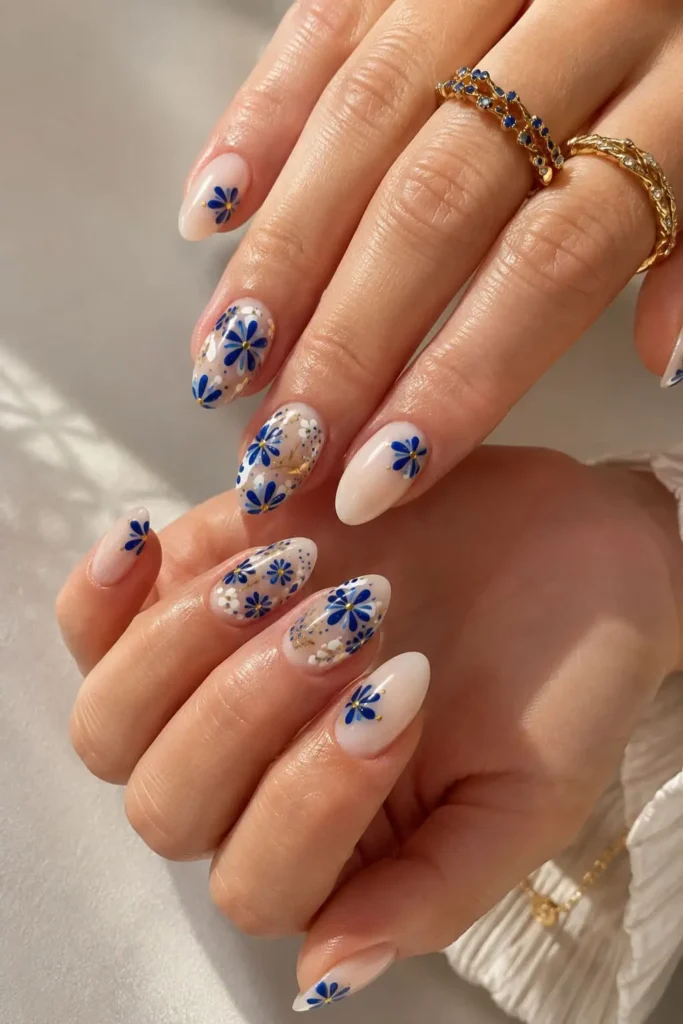 Cobalt blue gel nails with delicate cream and gold ornamental details