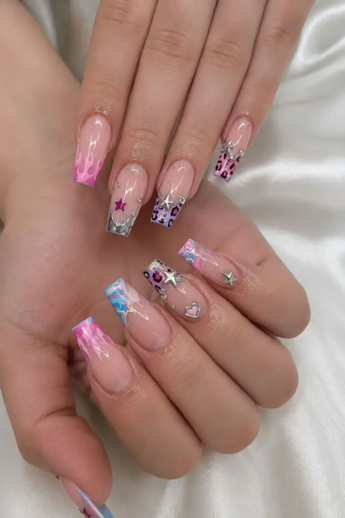 Colorful Y2K coffin nails with playful retro-inspired details