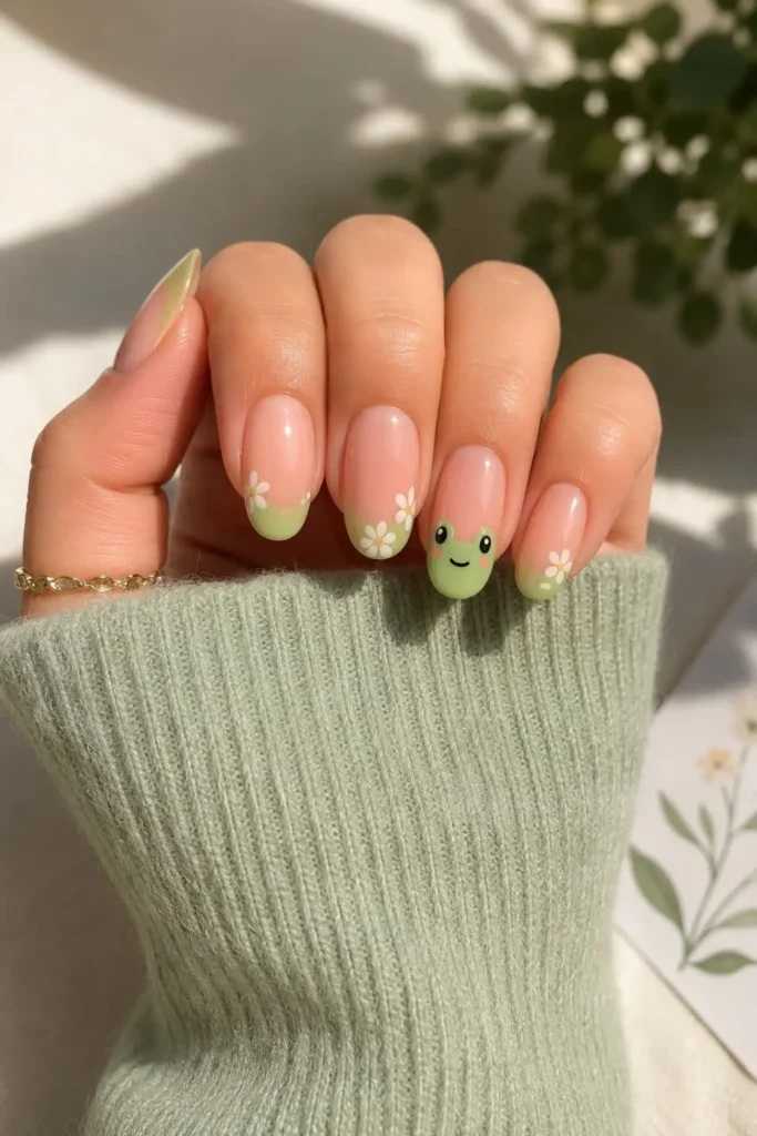 Cottage-core nude nails with cute tiny frog nail art and soft French tips