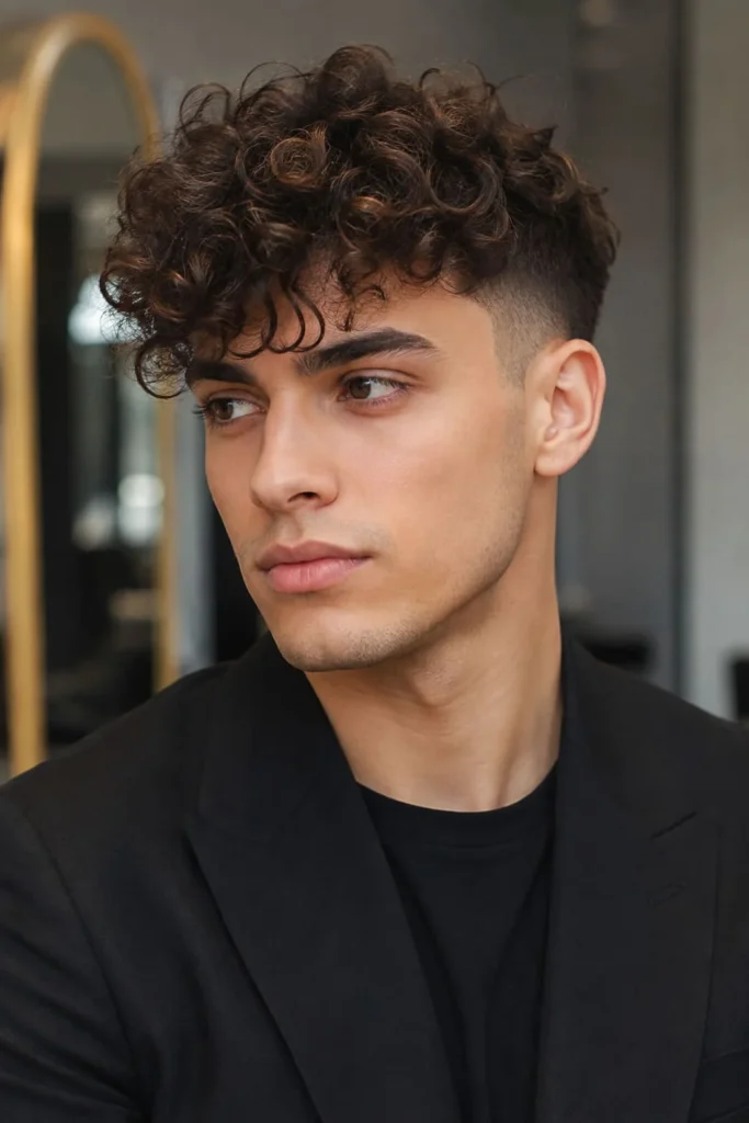 Men's curly undercut perm with voluminous curls and short faded sides