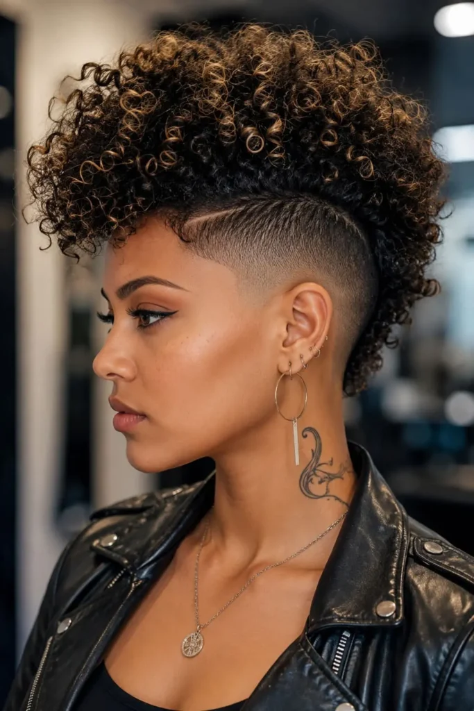 Curly mohawk fade hairstyle for women with defined textured curls