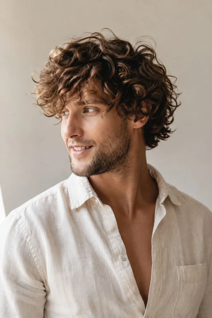 Curly shag haircut for men with layered natural curls