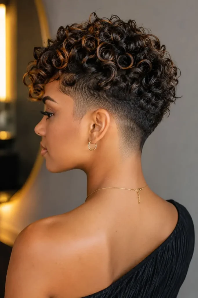Curly taper fade haircut for women with highlighted natural curls