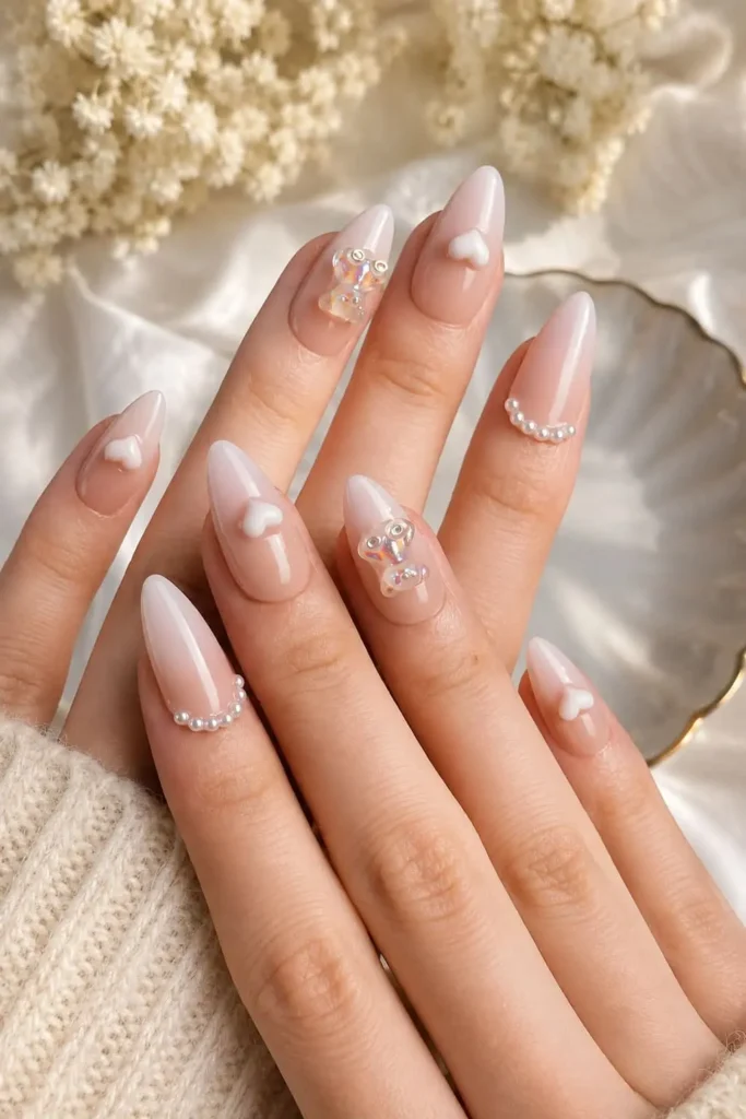 Cute 3D character birthday nails with teddy bears and kitty accents