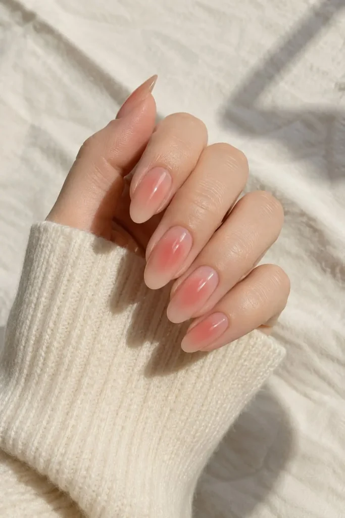 Cute blush nude nails with a soft rosy gradient over a sheer nude base