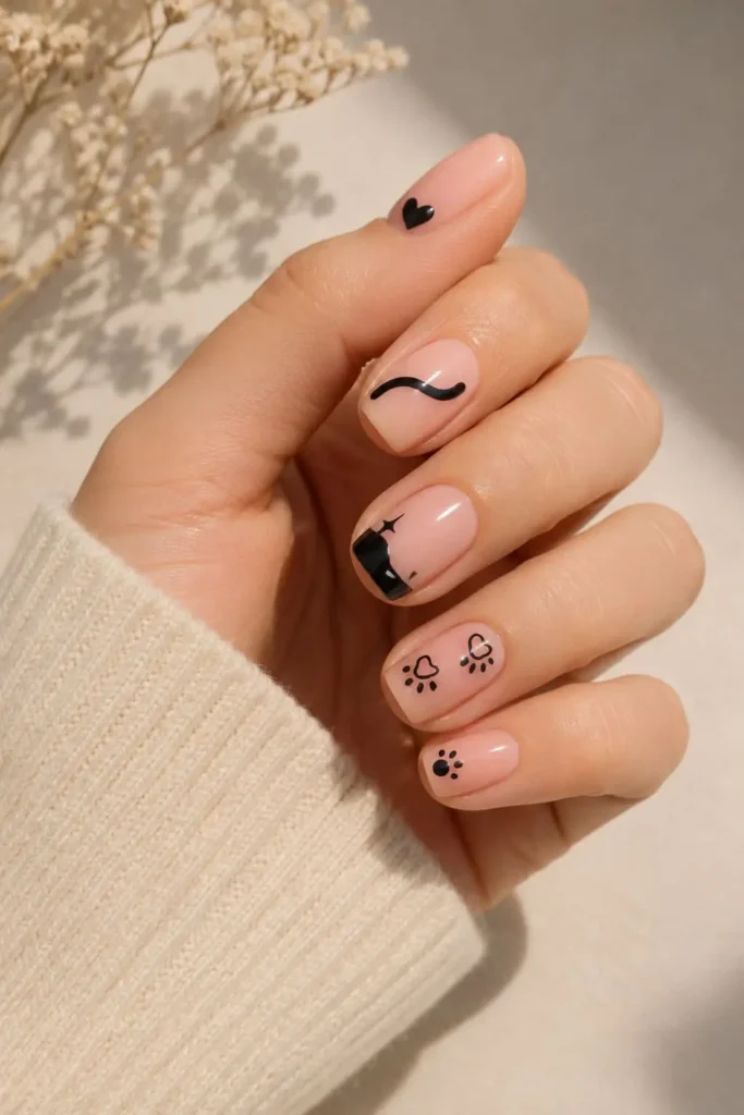 Cute cat lover nude nails with tiny cat ears, tails and paw print nail art