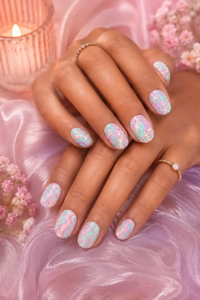 Cute cupcake birthday nails with pastel frosting and sugared glitter texture