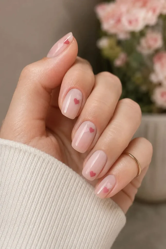 Cute nude nails with tiny heart nail art and glossy neutral polish