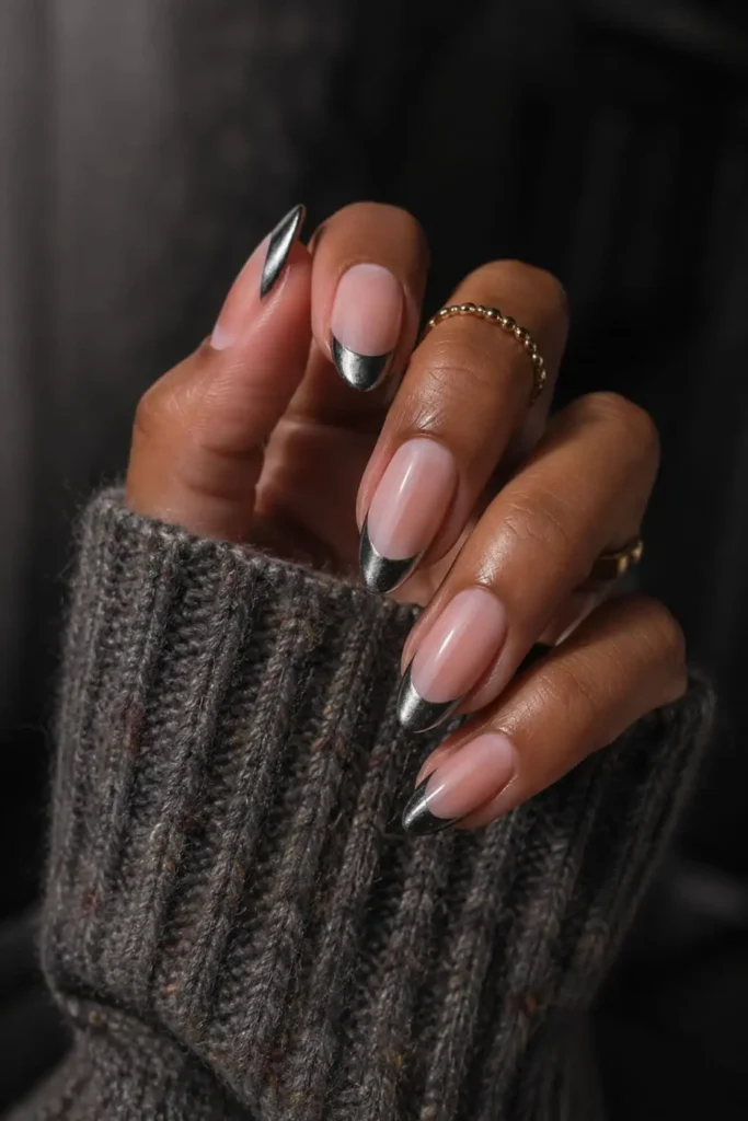 Dark French Tip nails with shimmery gunmetal gray tips