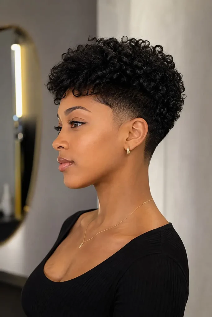 Dark taper fade hairstyle for women with short textured hair
