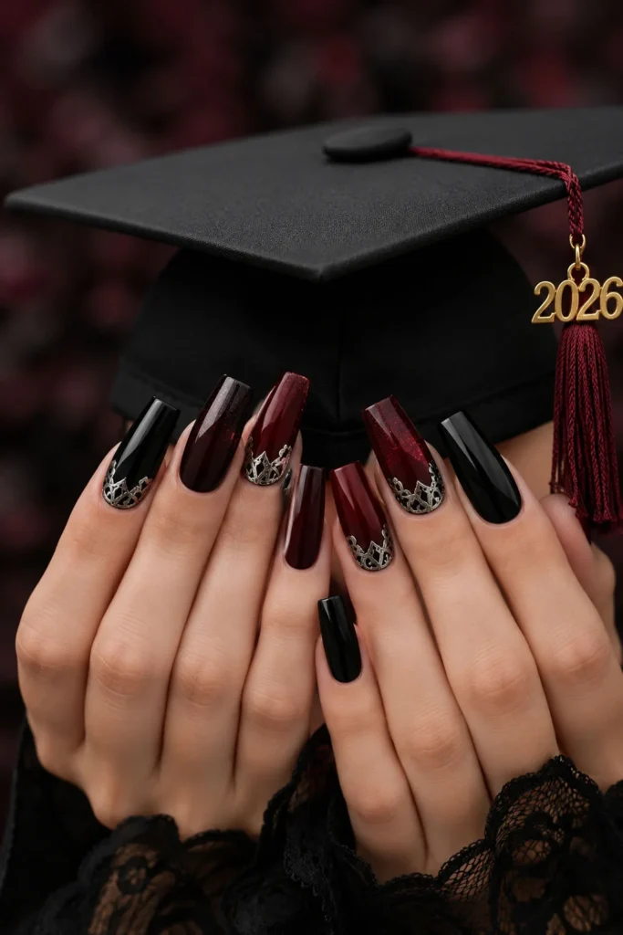 Deep Red & Black Graduation Nails