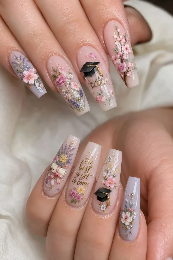 Detailed floral graduation nail art with flowers, graduation caps and gold accents
