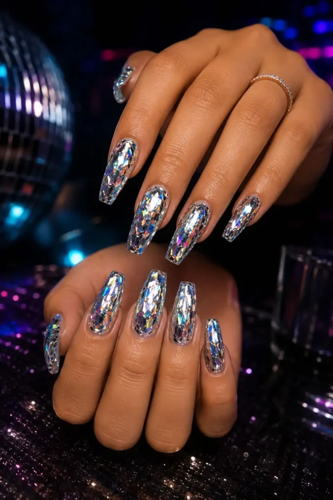 Disco ball birthday nails with crushed mirror glass encapsulated design