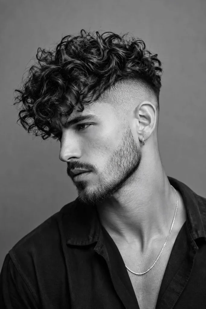 Men's disconnected perm with curly textured top and shaved short sides