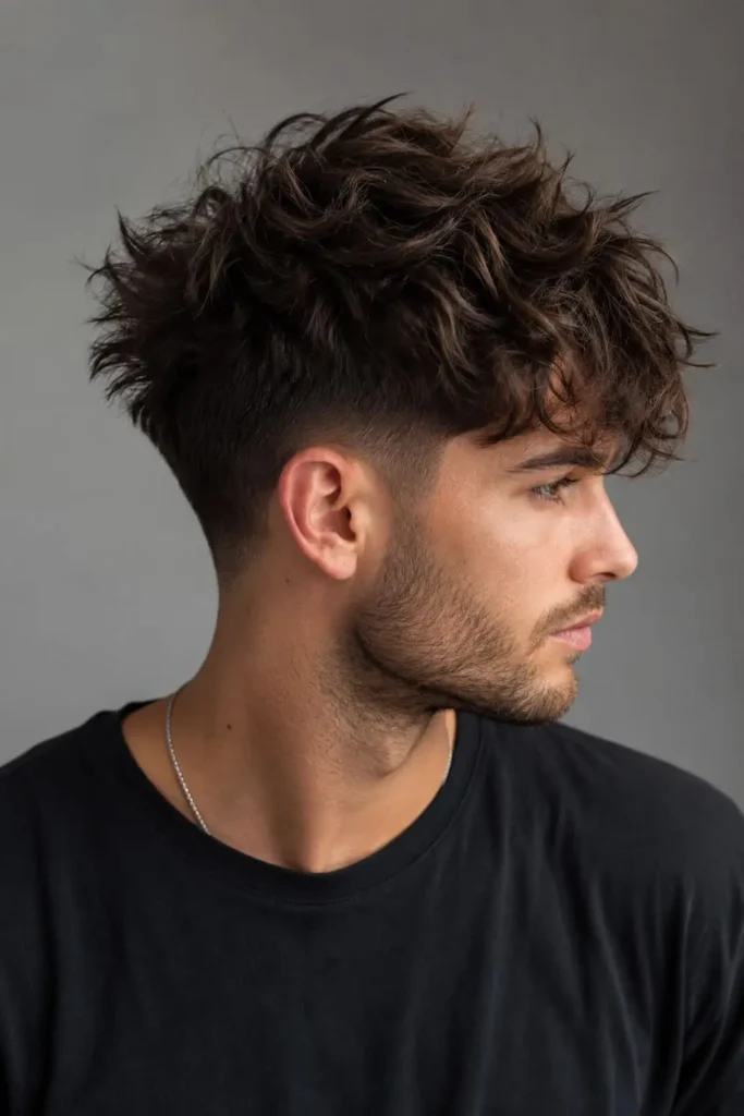 Disheveled taper cut with messy textured volume for men