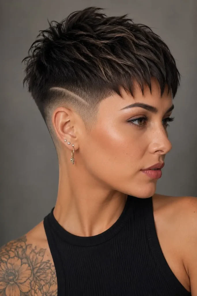 Edgy pixie hairstyle for women with sharp faded sides