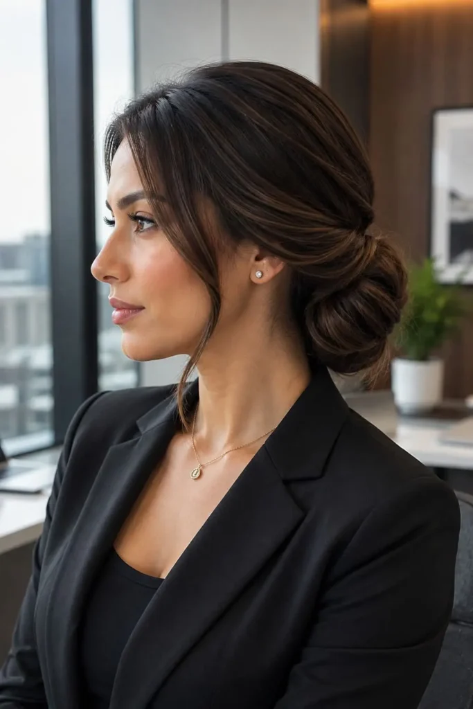 Elegant low chignon hairstyle for long hair at work