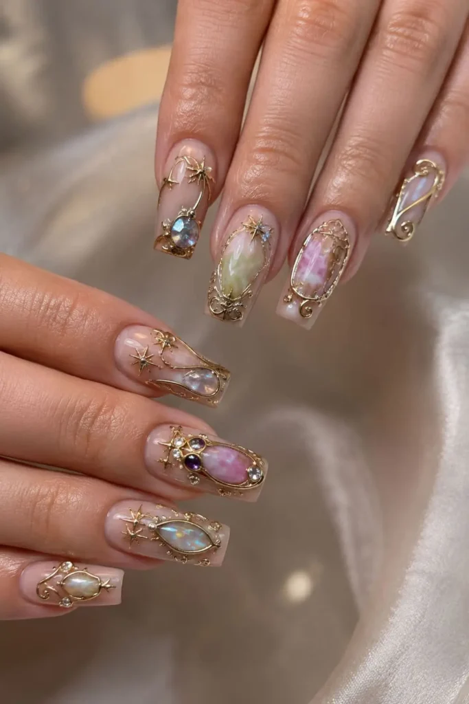 Fantasy gemstone coffin nails with gold swirls and sparkling crystals