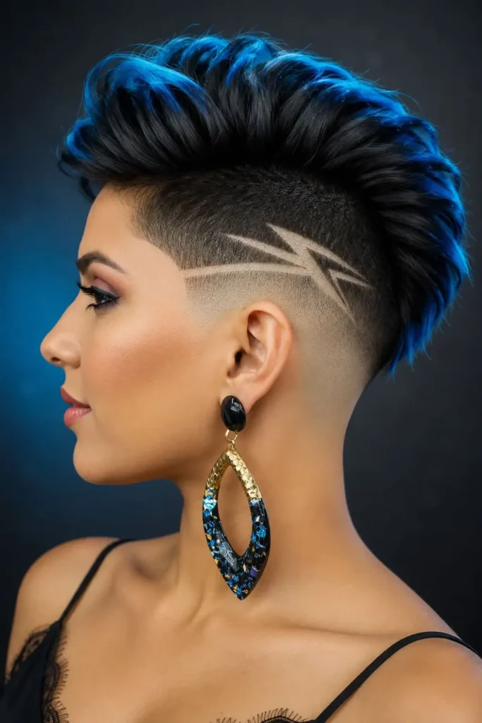 Faux hawk fade haircut for women with shaved side design