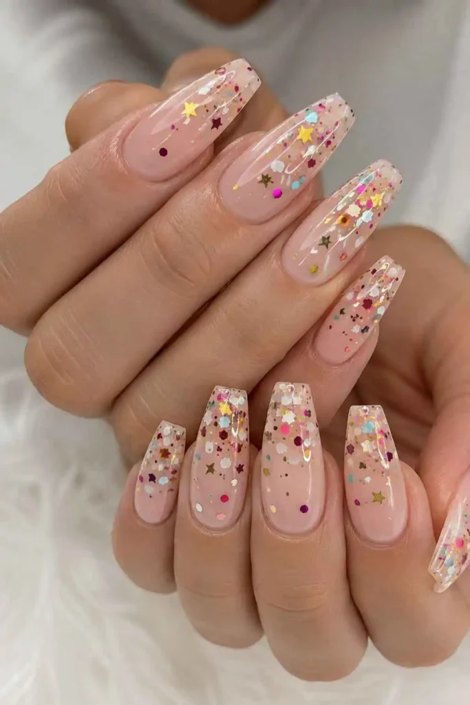 Festive confetti coffin nails with colorful celebratory accents