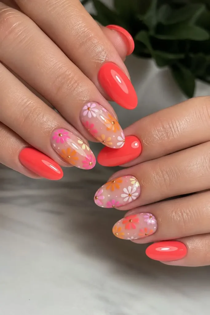 Fluorescent floral gel nails with colorful neon flowers for summer