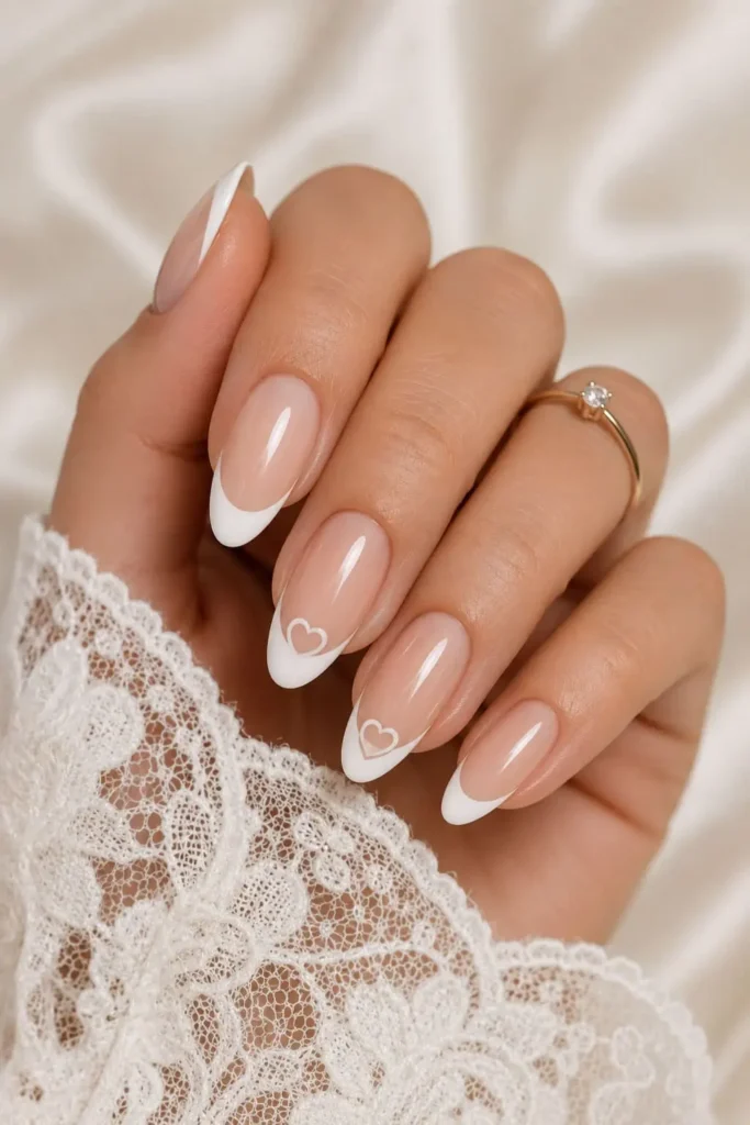 French tip nails with delicate negative space heart accents