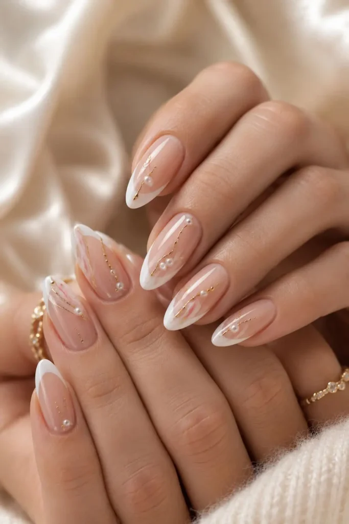 French tip nails with gold accents, pearls, and marble art