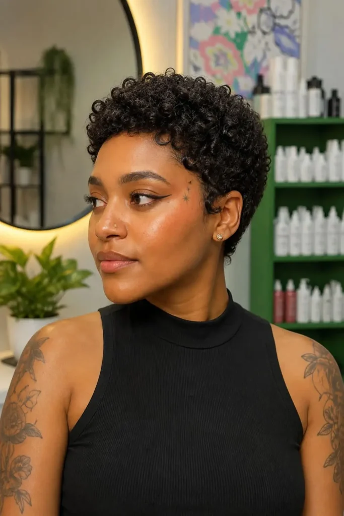Full defined short curly crop hairstyle for women with thick hair over 30