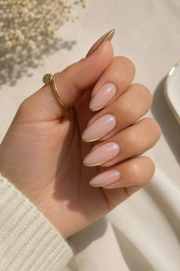 Gilded gold nude nails with delicate metallic lines for an elegant manicure