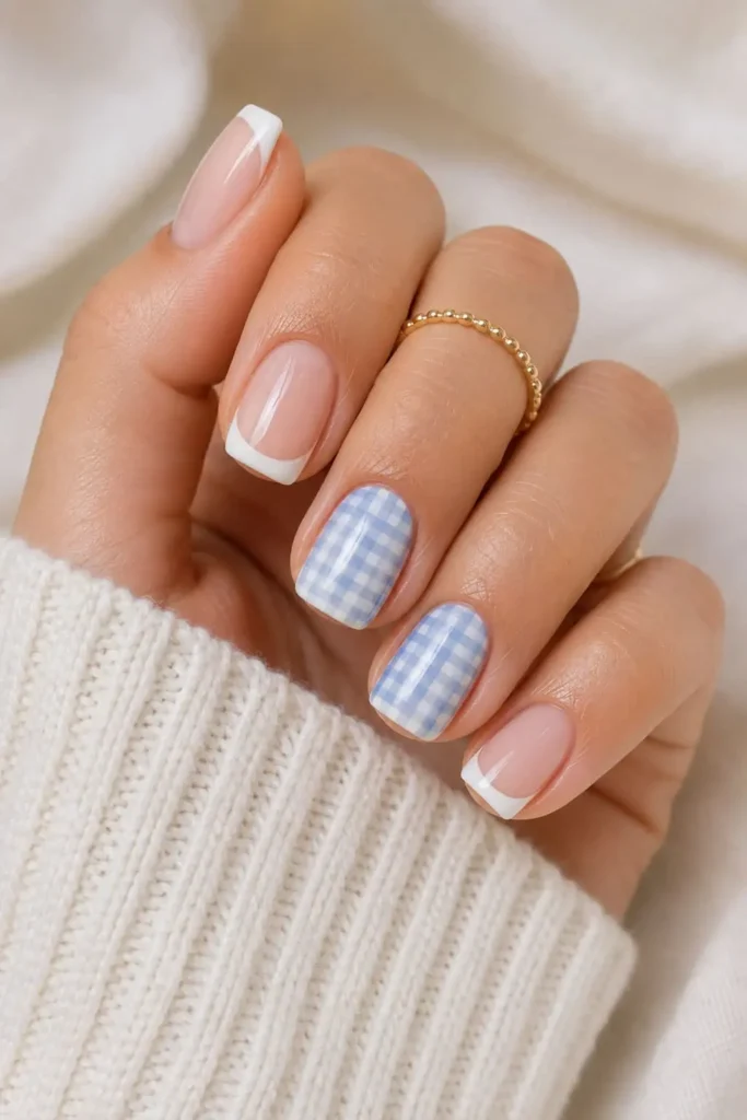 Gingham white nails with blue and white checkered accents