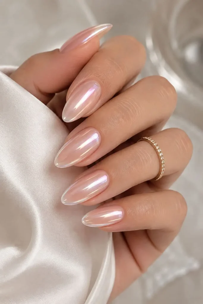 Glazed donut pink chrome almond nails with a creamy luminous finish