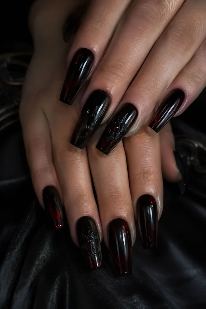 Gothic black coffin nails with subtle deep red accents