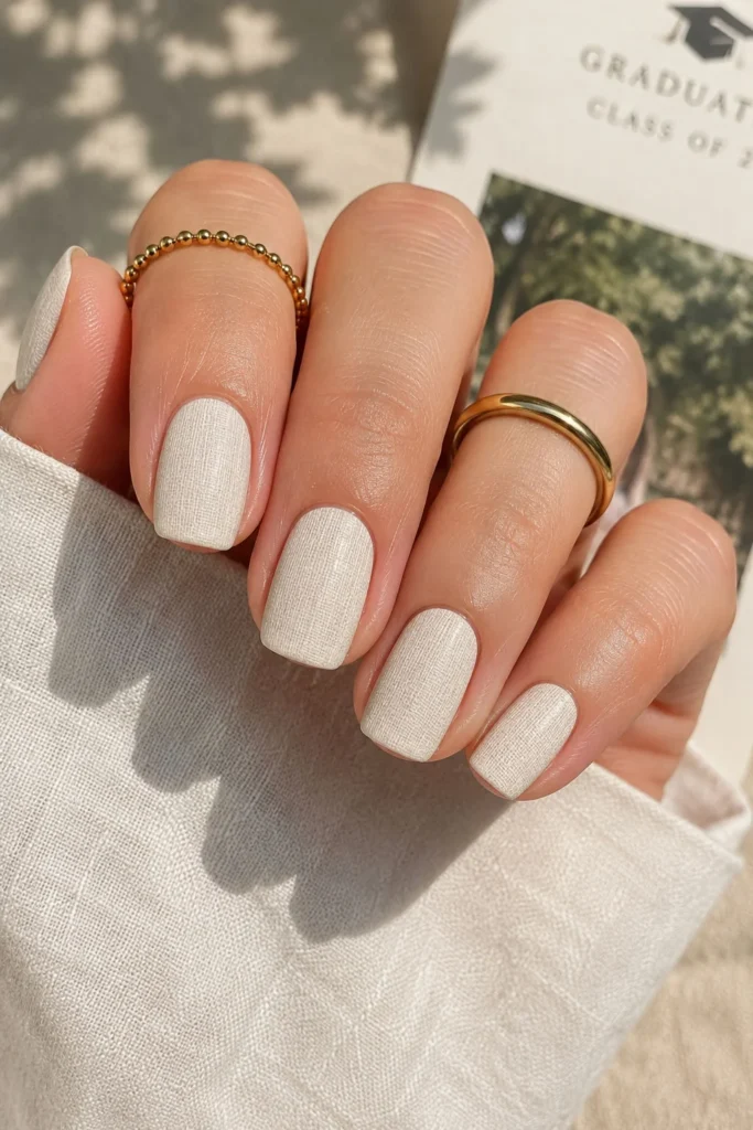 Minimalist graduation linen nails with a soft off-white matte finish