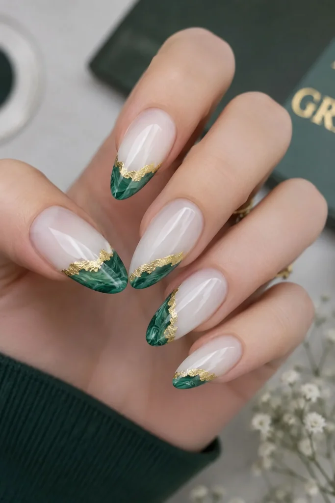 Green Marble French Tips with Gold Foil